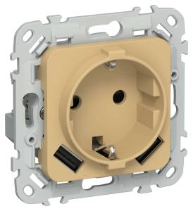 Розетка 1-местная с заземлением, шторками и USB Type A+A IEK Flite FI-R14-16-1-U21-D31-K89 шамуа