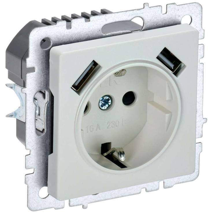 Розетка 1-местная с заземлением, шторками и USB Type A+A IEK Brite BR-R14-16-U21-D31-K36 жемчуг