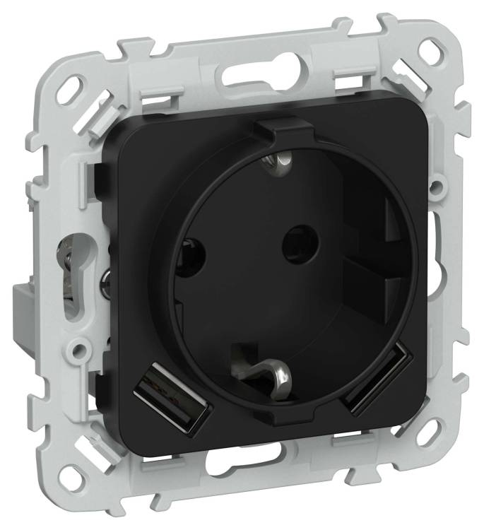 Розетка 1-местная с заземлением, шторками и USB Type A+A IEK Flite FI-R14-16-1-U21-D31-K02 черный