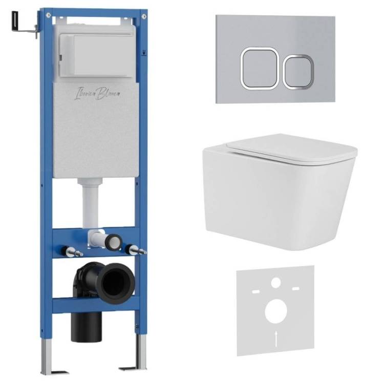 Комплект Iberica Blanca Toledo Alto IB.001M.TLA.234.834 унитаз безободковый, белый, сиденье микролифт, клавиша смыва хром матовый