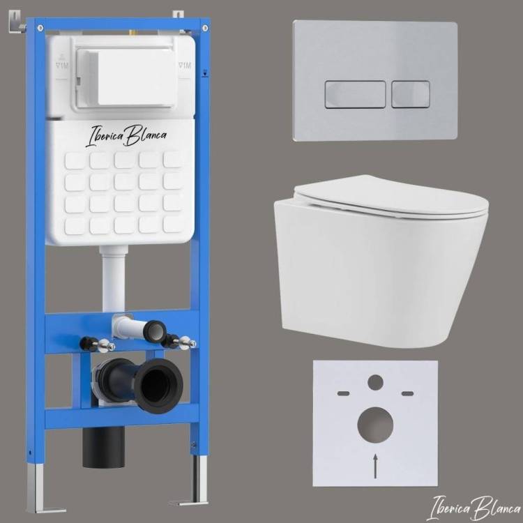 Комплект Iberica Blanca Burgos Alto IB001.BRA.231.214 унитаз безободковый, белый, сиденье микролифт, клавиша смыва хром матовый