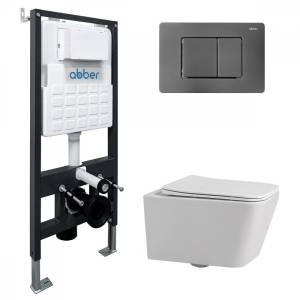 Комплект Abber Rechteck AC1201-AC0105-AC0120NG унитаз подвесной, безободковый, сиденье микролифт, белый, кнопка никель