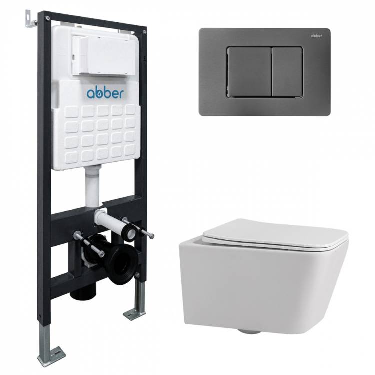 Комплект Abber Rechteck AC1201-AC0105-AC0120NG унитаз подвесной, безободковый, сиденье микролифт, белый, кнопка никель
