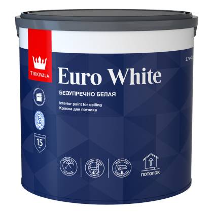 Краска для потолка Tikkivala Euro White глубокоматовая белая 2.7 л