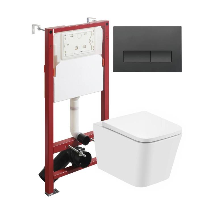 Унитаз с инсталляцией Agger ATI08100+APB244 безободковый, с крышкой-сиденьем микролифт, с кнопкой, кнопка черная