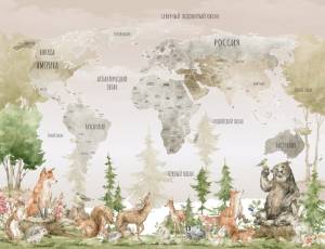 3D Фотообои Artegrafico «Карта с лесными животными в жёлтых тонах» CM-004 канвас