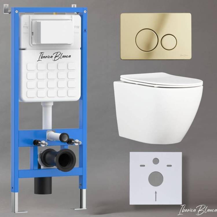 Унитаз с инсталляцией Iberica Blanca Bilbao Alto IB001.BLA.234.816 безободковый, с крышкой-сиденьем микролифт, с кнопкой глянцевое золото