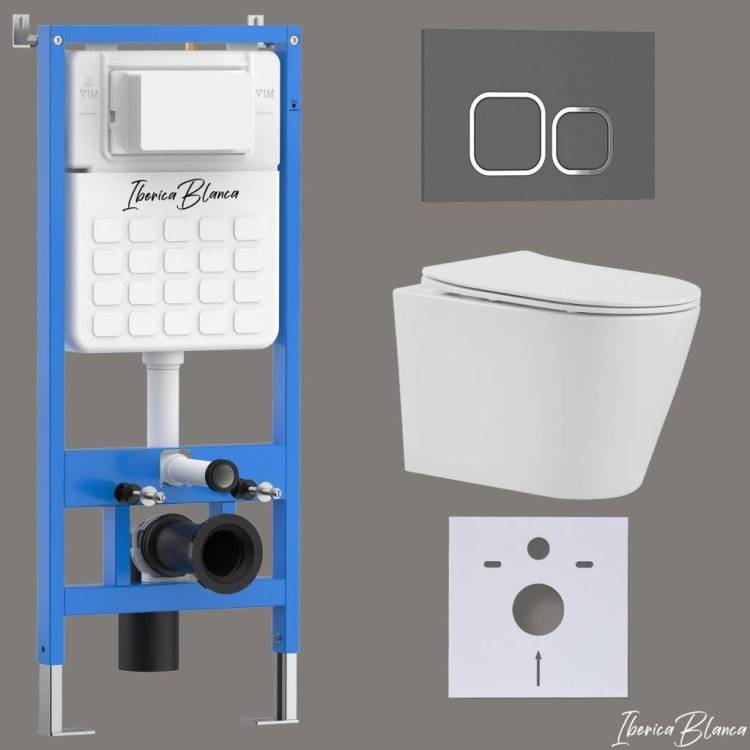 Комплект Iberica Blanca Burgos Alto IB001.BRA.234.837 унитаз безободковый, белый, сиденье микролифт, клавиша смыва серый матовый