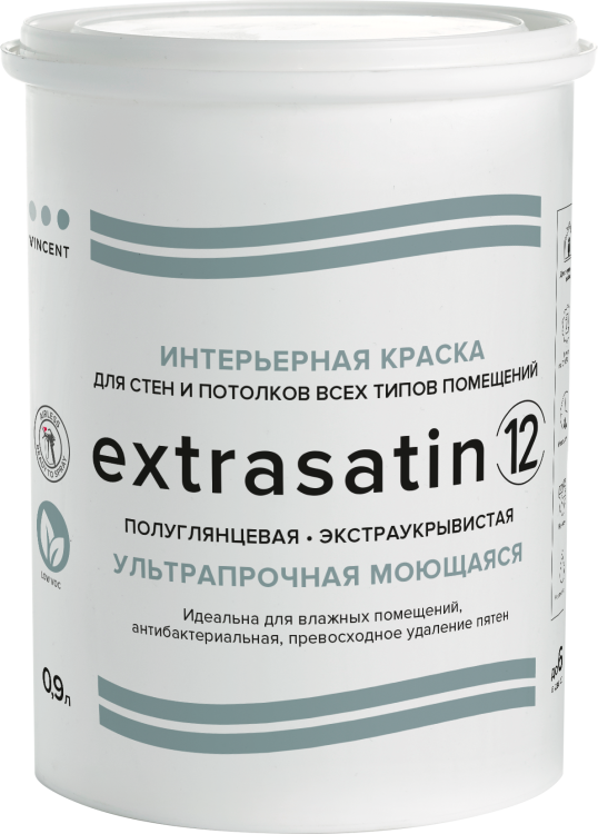 Краска интерьерная влагостойкая Vincent Extrasatin 12 полуглянцевая база A 0.9 л