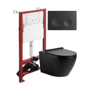 Унитаз с инсталляцией Agger ATI03144+APB144 безободковый, с крышкой-сиденьем микролифт, с кнопкой, кнопка черная