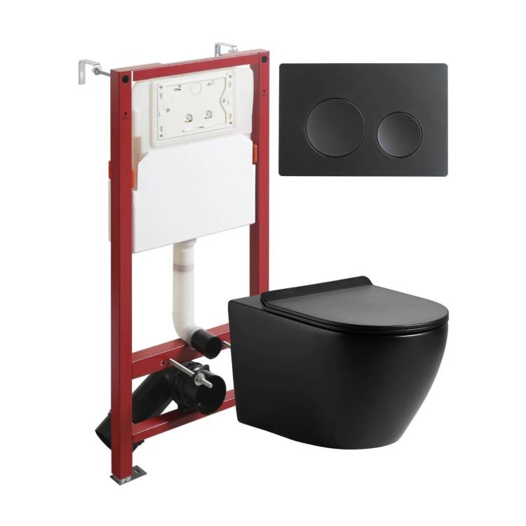 Унитаз с инсталляцией Agger ATI03144+APB144 безободковый, с крышкой-сиденьем микролифт, с кнопкой, кнопка черная