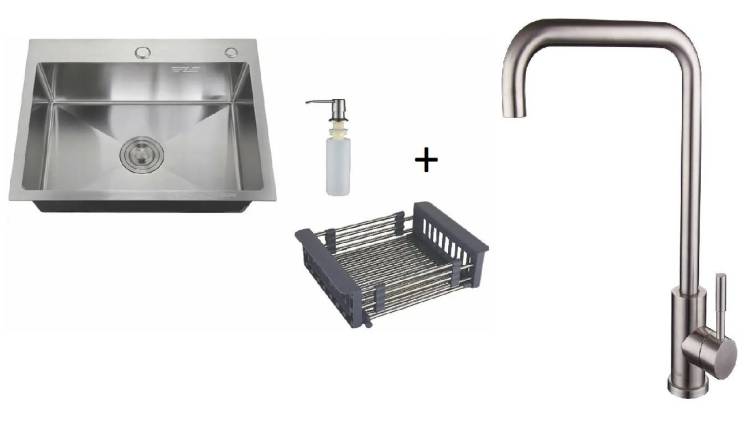 Комплект Мойка кухонная РМС MR MR-5843 c корзиной и дозатором + Смеситель РМС SUS124-017F-1 хром