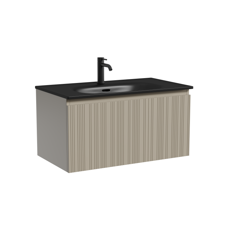 Тумба с раковиной Sancos Code подвесная, 80x46x42, c одним ящиком оснащенным доводчиками, Серая платина, раковина черная