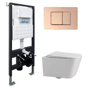Комплект Abber Rechteck AC1201-AC0105-AC0120RG унитаз подвесной, безободковый, сиденье микролифт, белый, кнопка золото розовое