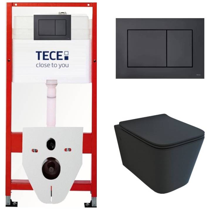 Комплект Tece TC414105510 Инсталляция для унитаза Tece + Унитаз подвесной beWash Kraft безободковый, с сиденьем микролифт, черный матовый