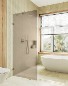 Душевая перегородка MaybahGlass MGD-265-3 79x195, стекло бронза матовая 8 мм, профиль золото