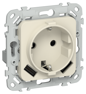 Розетка 1-местная с заземлением, шторками и USB Type A+A IEK Flite FI-R14-16-U21-D31-K86 сливочный