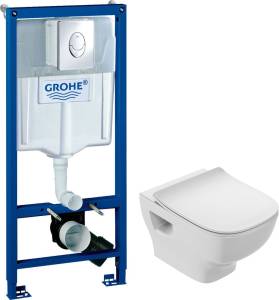 Комплект  Система инсталляции для унитазов Grohe Rapid SL 38721001 3 в 1 с кнопкой смыва + Чаша для унитаза подвесного Jacob Delafon Struktura EDF102-