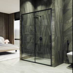 Душевая дверь в нишу MaybahGlass MGD-1275-6 профиль черный, стекло бесцветное, 100x195