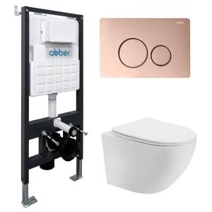 Комплект Abber Bequem AC1100T-AC0105-AC0121RG унитаз подвесной, безободковый, сиденье микролифт, белый, кнопка золото розовое