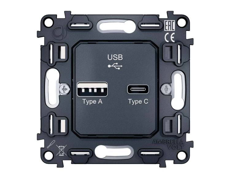 Механизм розетки 2USB A+C 20W (быстрая зарядка) Ambrella Volt Quant VM177
