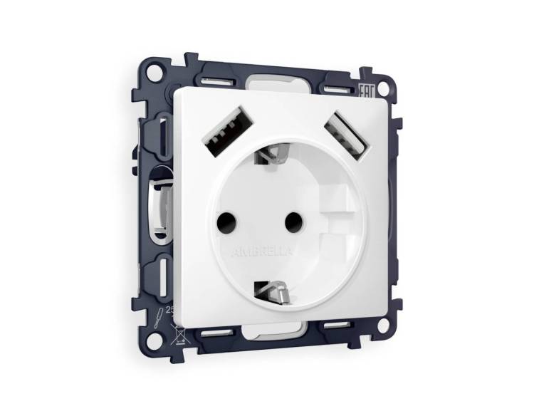 Комплект механизма электрической розетки 2USB A+A 18W (быстрая зарядка) с заземлением Ambrella Volt Alfa MA129010