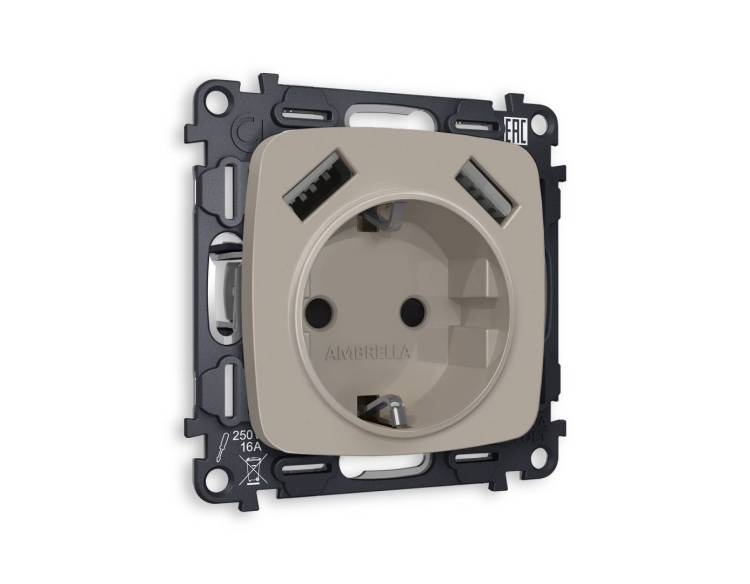 Комплект механизма электрической розетки 2USB A+A 18W (быстрая зарядка) с заземлением Ambrella Volt Omega MO369010