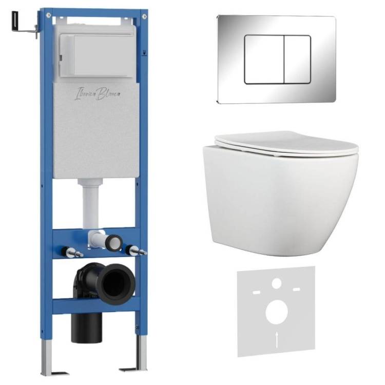 Унитаз с инсталляцией Iberica Blanca Bilbao Alto IB.001M.BLA.231.1131 безободковый, с крышкой-сиденьем микролифт, с кнопкой глянцевый хром