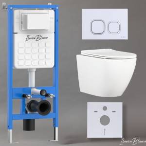 Унитаз с инсталляцией Iberica Blanca Bilbao Alto IB001.BLA.234.831 безободковый, с крышкой-сиденьем микролифт, с белой глянцевой кнопкой