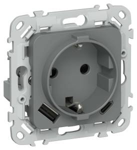 Розетка 1-местная с заземлением, шторками и USB Type A+С IEK Flite FI-R14-16-U22-020-K80 мокрый асфальт