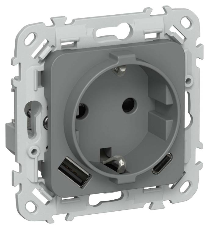 Розетка 1-местная с заземлением, шторками и USB Type A+С IEK Flite FI-R14-16-U22-020-K80 мокрый асфальт