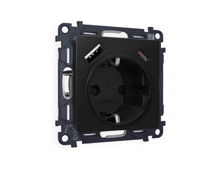 Комплект механизма электрической розетки 2USB A+C 20W (быстрая зарядка) с заземлением Ambrella Volt Alfa MA810010