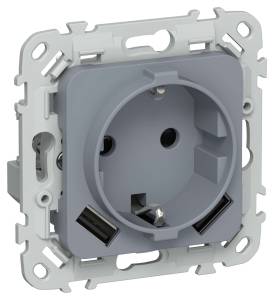 Розетка 1-местная с заземлением, шторками и USB Type A+A IEK Flite FI-R14-16-U21-D31-K35 маренго