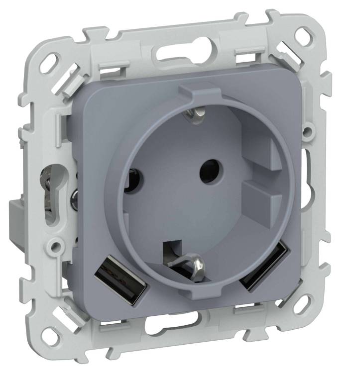 Розетка 1-местная с заземлением, шторками и USB Type A+A IEK Flite FI-R14-16-U21-D31-K35 маренго