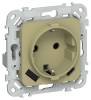 Розетка 1-местная с заземлением, шторками и USB Type A+С IEK Flite FI-R14-16-U22-020-K26 оливковый
