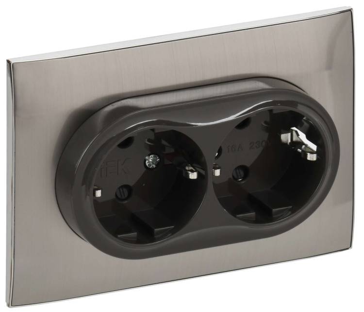 Розетка 2-местная с заземлением и шторками IEK Skandy SK-R24-16-K50-F никель