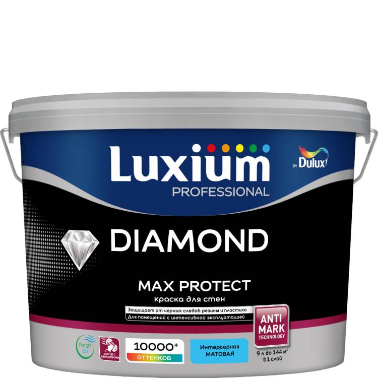 Краска для стен и потолков водно-дисперсионная Luxium Diamond Max Protect матовая база BW 9 л
