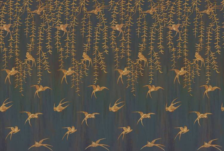 Бесшовные Eco обои Ortograf Flora 31164 Japanese Birds midnight green Жемчуг ОЕ-Р3