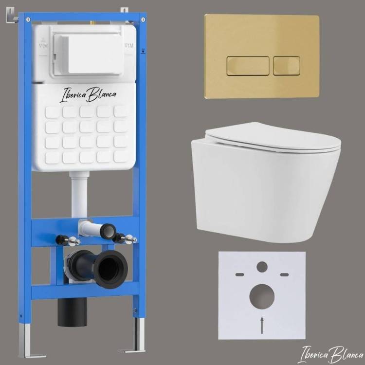 Унитаз с инсталляцией Iberica Blanca Burgos Alto IB001.BRA.234.215 безободковый, с крышкой-сиденьем микролифт, с кнопкой матовое золото