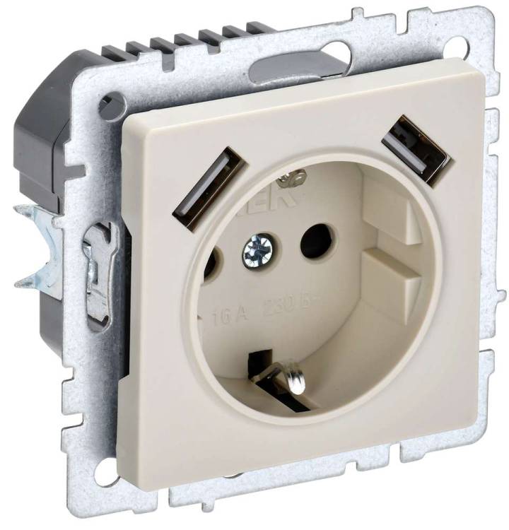 Розетка 1-местная с заземлением, шторками и USB Type A+A IEK Brite BR-R14-16-U21-D31-K10 бежевый