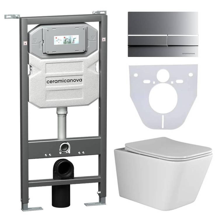 Комплект Унитаз подвесной Ceramica Nova Metric CN3007 + Система инсталляции Envision CN1002M с кнопкой смыва хром матовый и шумоизоляционной панелью CN1000
