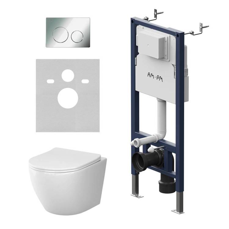 Унитаз с инсталляцией Am.Pm Like IS90151.801901 безободковый, сиденье микролифт, клавиша хром глянец