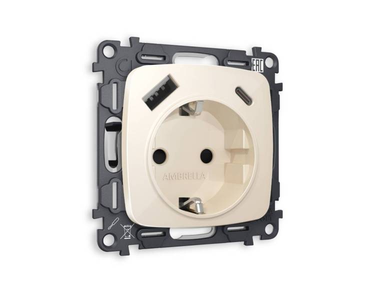 Комплект механизма электрической розетки 2USB A+C 20W (быстрая зарядка) с заземлением Ambrella Volt Omega MO310010