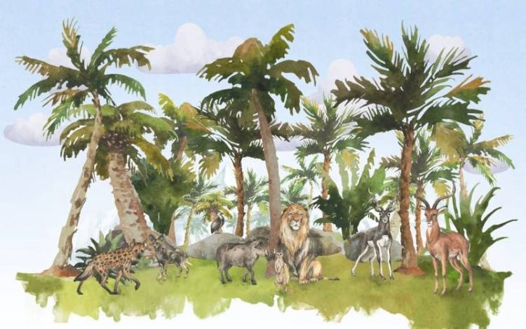 3D Фотообои Artegrafico «Африканские животные среди пальм на голубом» NKID-023 канвас