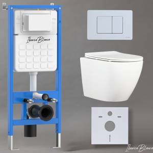 Унитаз с инсталляцией Iberica Blanca Bilbao Alto IB001.BLA.234.111 безободковый, с крышкой-сиденьем микролифт, с белой матовой кнопкой