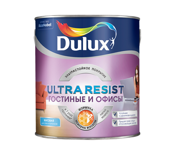DULUX ULTRA RESIST ГОСТИНЫЕ И ОФИСЫ краска, матовая база BW (2,5л)