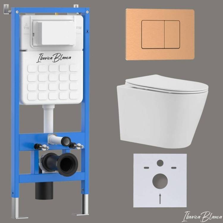 Унитаз с инсталляцией Iberica Blanca Burgos Alto IB001.BRA.234.1172 безободковый, с крышкой-сиденьем микролифт, с кнопкой матовое розовое золото