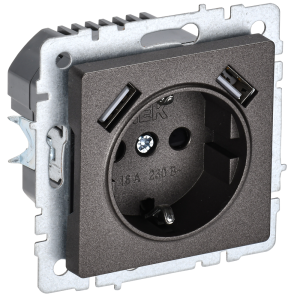 Розетка 1-местная с заземлением, шторками и USB Type A+A IEK Brite BR-R14-16-U21-D21-K45 темная бронза