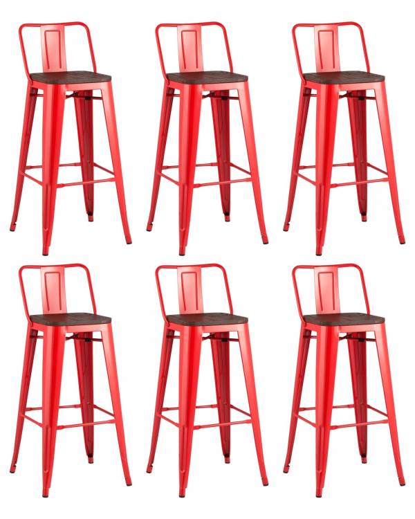 Набор из 6 барных стульев Stool Group Tolix YD-H765E-W LG-03 X6 красный глянцевый, темное дерево, со спинкой