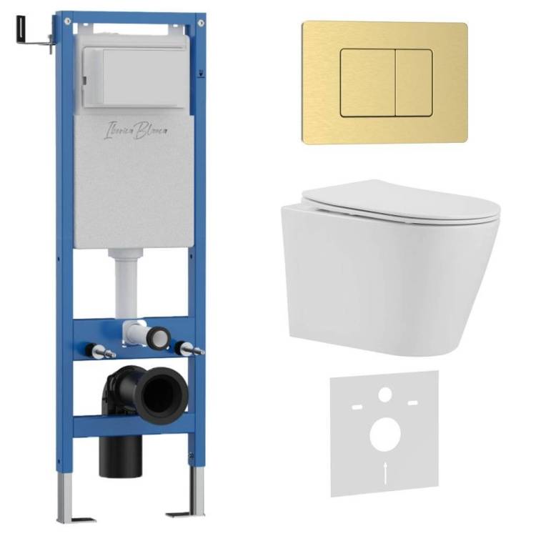 Комплект Iberica Blanca Burgos Alto IB.001M.BRA.234.1150 унитаз безободковый, белый, сиденье микролифт, клавиша смыва золото матовое